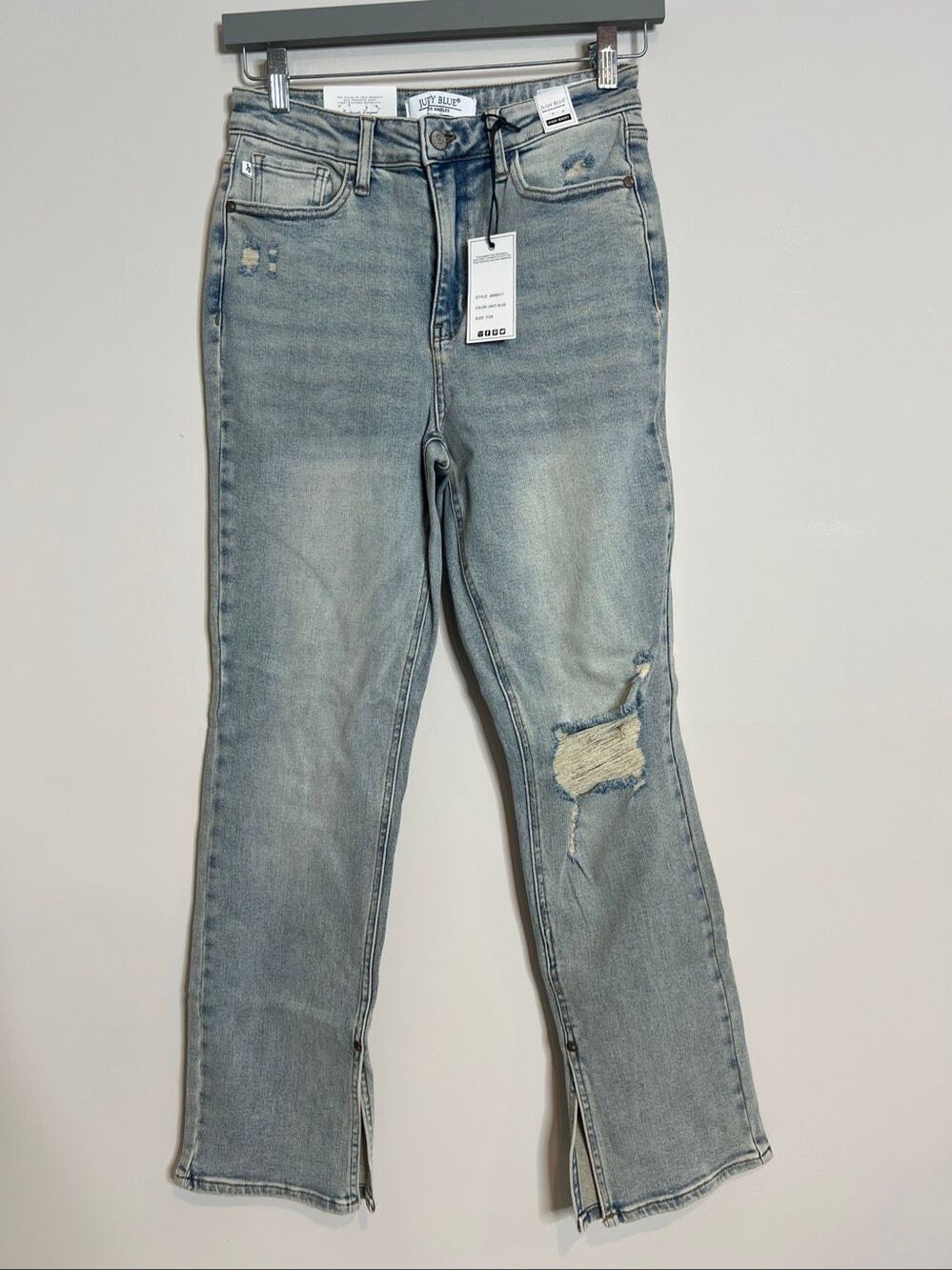 Judy Blue High Waist Straight Leg Light Wash Distressed Denim with Inseam Slit S